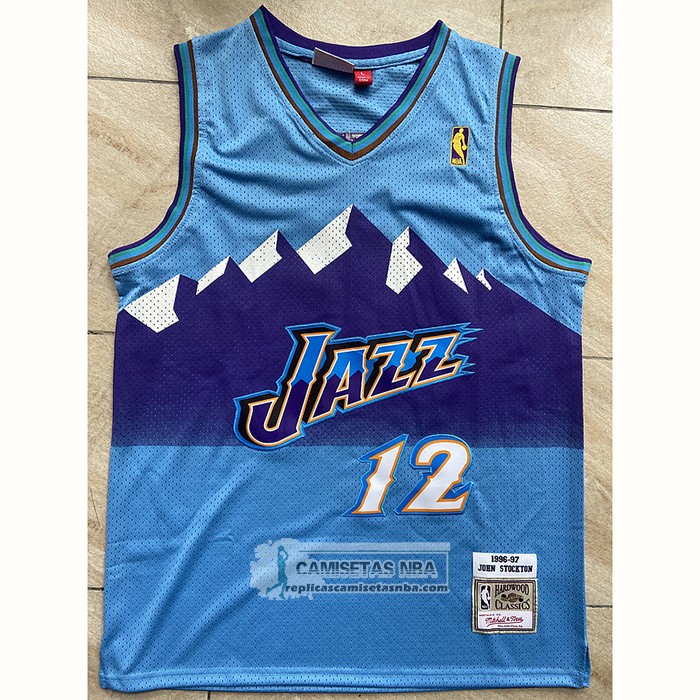 Camiseta Utah Jazz John Stockton NO 12 Mitchell & Ness 1996-97 Azul